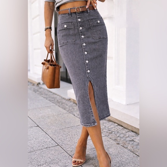 Flamingals Dresses & Skirts - Flamingals Midi Skirt Button Front Slit Vintage High Waist A-Line Jean Skirt